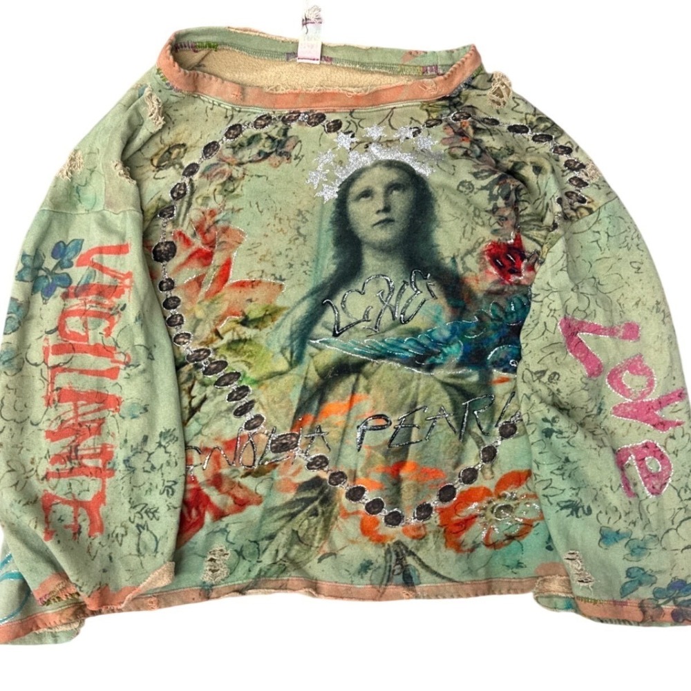 MAGNOLIA PEARL Sweatshirt Distressed Hermosa Mary Glitter Gray Floral NWT